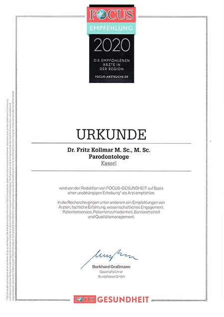Auszeichnung als empfohlener Parodontologe in Kassel: FOCUS-Gesundheit Urkunde 2020 für Dr. Fritz Kollmar M. Sc., M. Sc.