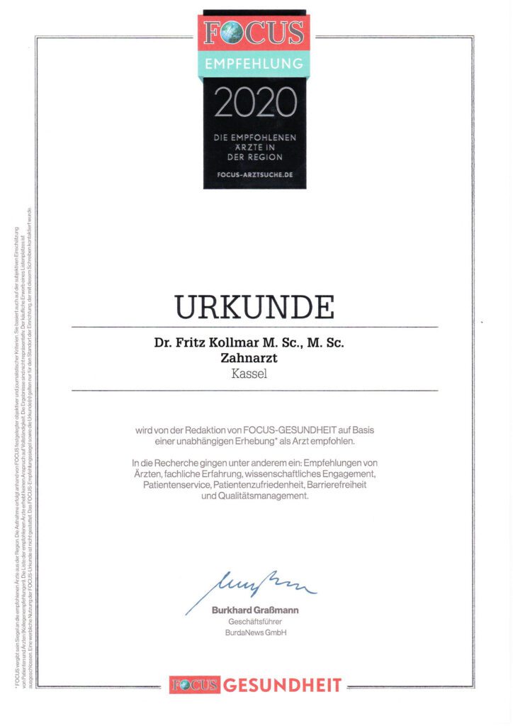 Focus-Gesundheit Siegel 2020: Dr. Fritz Kollmar als empfohlener Zahnarzt in Kassel ausgezeichnet.