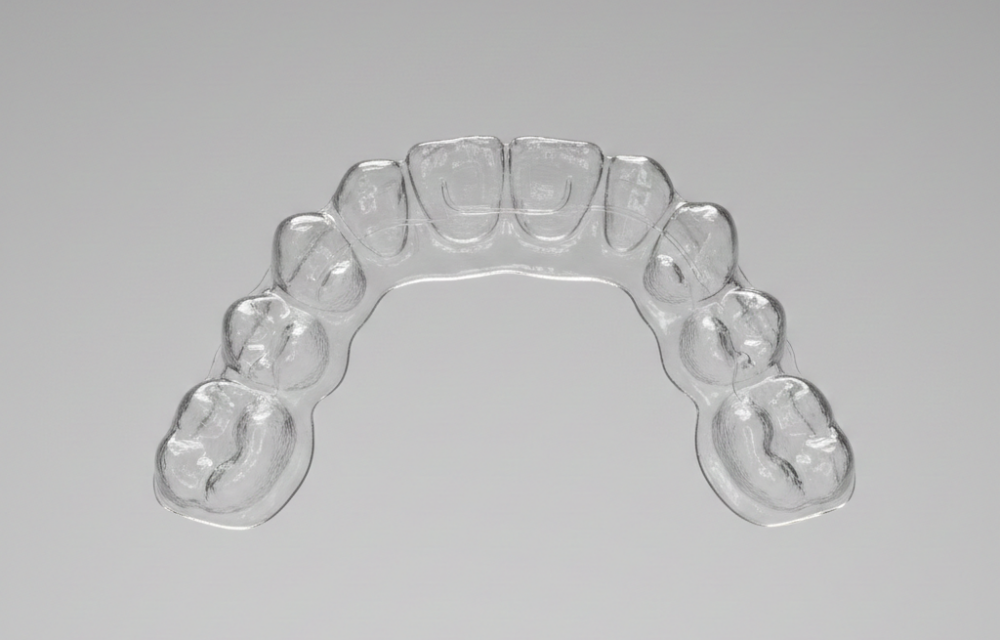 Unsichtbare Zahnkorrektur: Transparente Aligner-Schiene zur sanften Begradigung der Zähne in unserer Praxis.