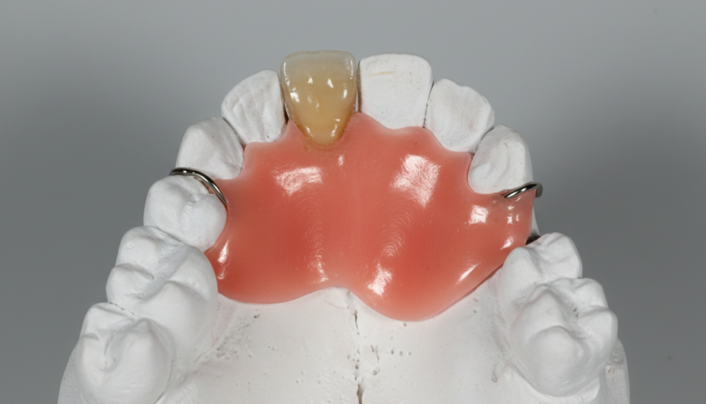 Eine passgenaue Interimsprothese auf einem Gipsmodell, erstellt als hochwertiger temporärer Zahnersatz von Kollmar.