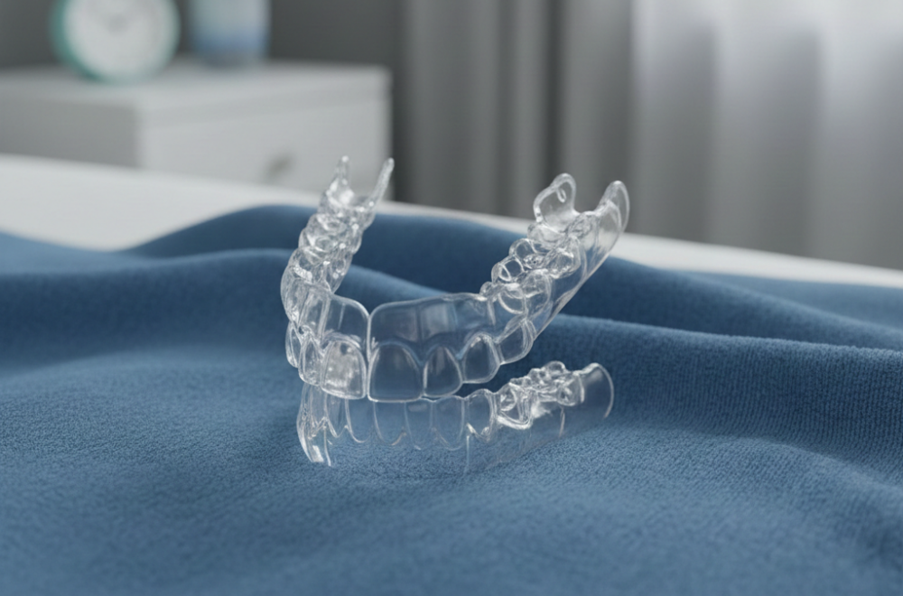 Transparente Schnarchschiene (Unterkiefer-Protrusionsschiene) zur Behandlung von Schlafapnoe, individuell angefertigt bei Kollmar.